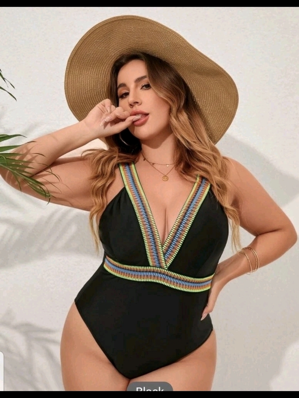 Shein Curve Black One-Piece Swimsuit with Colorful Striped Trim - Picture 5 of 11